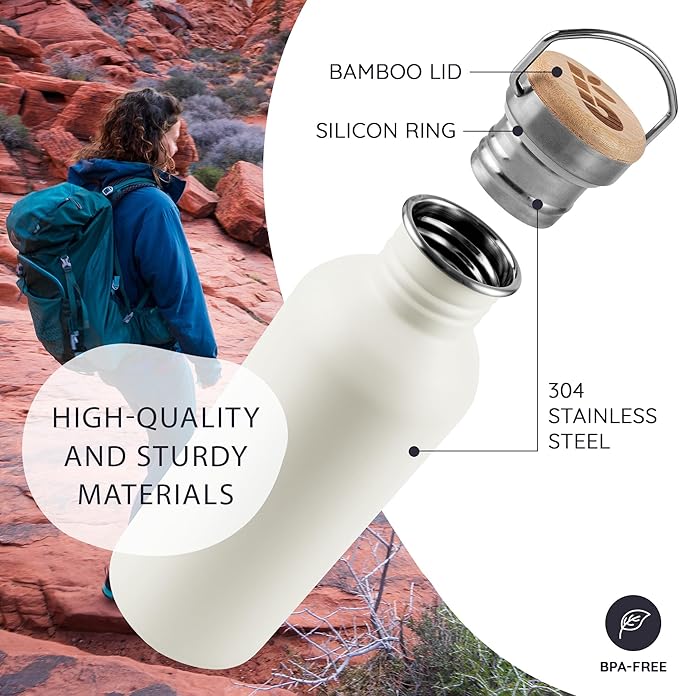 Bambaw Metal Water Bottle, White Water Bottle, Reusable Non-Insulated Sports Bottle, 1 Litre Stainless Steel Bottle, 1 Litre Stainless Steel Bottle – Polar White