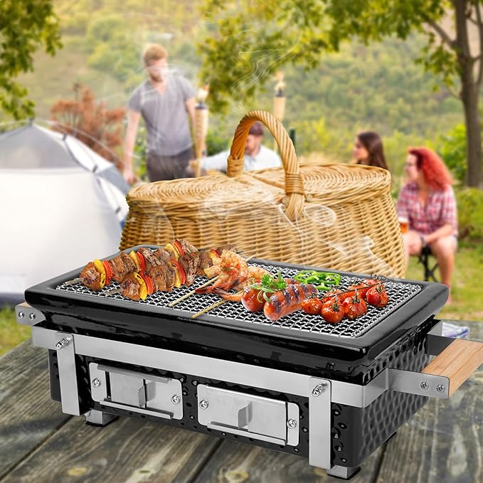Onlyfire Charcoal BBQ Grill Hibachi Grill with Grid Lifter, Portable Yakitori Grill with Stainless Steel Grate, Barbecue Stove for Outdoor Camping Picnic Patio Backyard Cooking, GS306