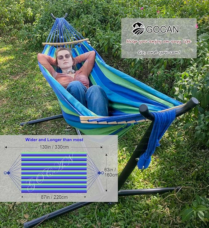 Double Hammock 2 Person Extra Large 220x160cm Total Length 330cm Load 500lb Canvas Cotton Hammock for Patio Porch Garden Backyard Lounging Outdoor and Indoor with Removable Spreader bar