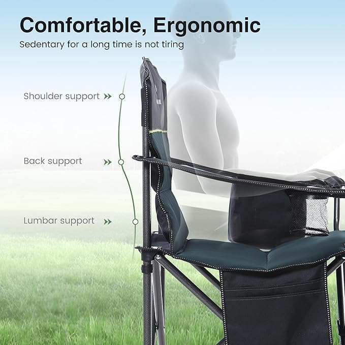 HIGH POINT SPORTS Camping Folding Chair, Heavy Duty Oversized Portable Outdoor Chair, Foldable Camp Chair with Cup Holder and Cooler Bag Support 450 LBS, Green…