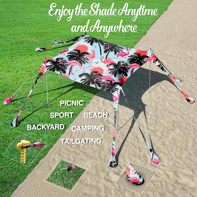 Rhino Valley Beach Tent Shade Canopy UPF50+ Protection, 8 Sandbags, 4 Stability Poles, Outdoor Sun Shelter Umbrella for Sand, Camping, Fishing Essentials