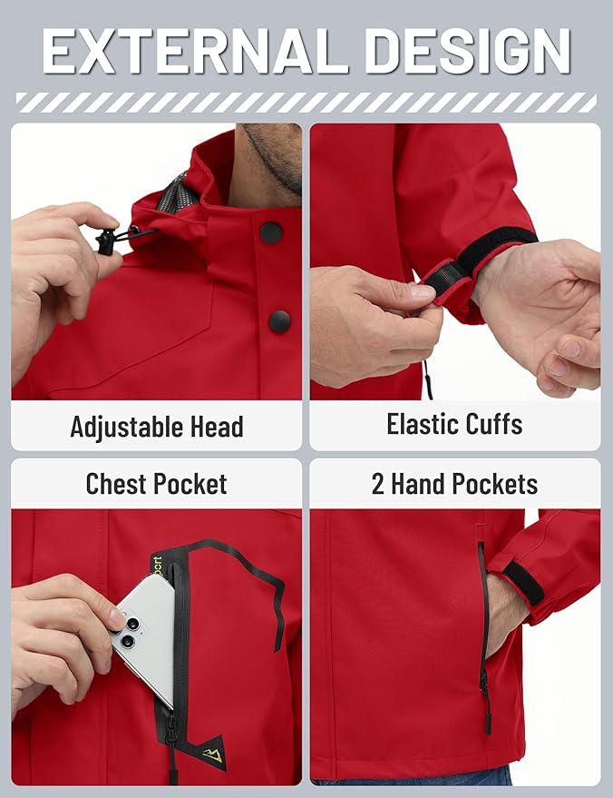 TACVASEN Men's Rain Jacket Lightweight Windbreaker with Hooded Water Resistant Outdoor Raincoat for Hiking Travel Camping