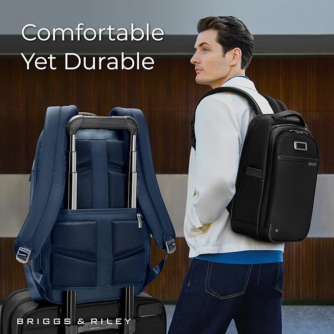 Briggs & Riley Slim Backpack for Women & Men - Laptop Backpack, For Work & Travel, Carry On Size, Lightweight & Durable, Padded Straps, Fits up to 14" Laptop - @work Collection, Navy