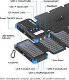 Solar Power Bank 45800mAh with 4 Panels, Portable Solar Charger with Build-in 3 Cables for iPhone, USB C in/Output 15W Fast Charging External Battery Pack with Flashlight & Camping Light
