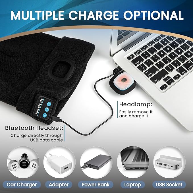VIBELITE Bluetooth Beanie Hat with Light, USB Rechargeable LED Headlamp with Wireless Headphones, Gifts for Men, Him, Husband, Boyfriend, Grey