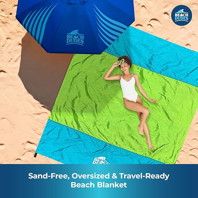 Sandproof Waterproof Beach Blanket Extra Large 108"x 84", Mat for Family, Quick Dry Ripstop Nylon Lightweight, Compact for Travel, Picnic, Camping w/ 4 Anchor Stakes and Carry Bag