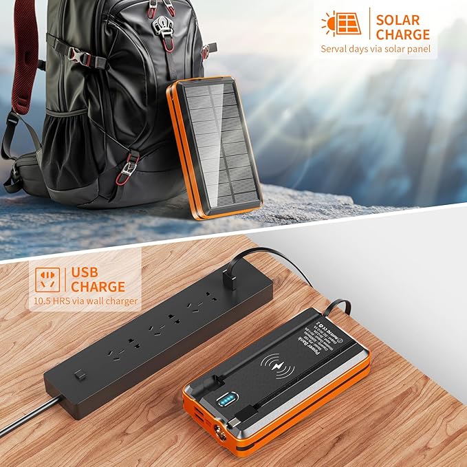 Solar Power Bank Portable Charger 52800mAh 5V/3A Fast Charging Battery Pack with Built in 4 Cables 2 Outputs & LED Flashlight for All Mobile Devices Camping Traver Outdoor