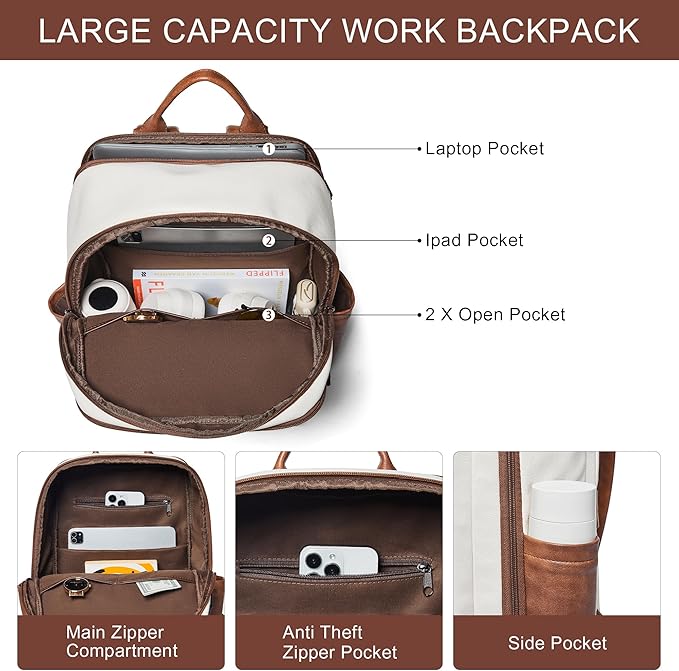 Travel Backpack for Women, Fits 17.0" Notebook, Stylish Carry-on Vegan Leather Backpack with Luggage Strap for Travel and Daily Use
