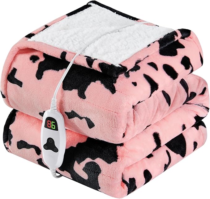Cow Print Heated Electric Blanket Throw,50X60 Light Pink Heating Blanket with 10 Heats Levels & 8 Hours Auto Off,Highland Cow Stuff Fleece Sherpa Blankets Warmer Gifts for Women Adults Washable,ETL