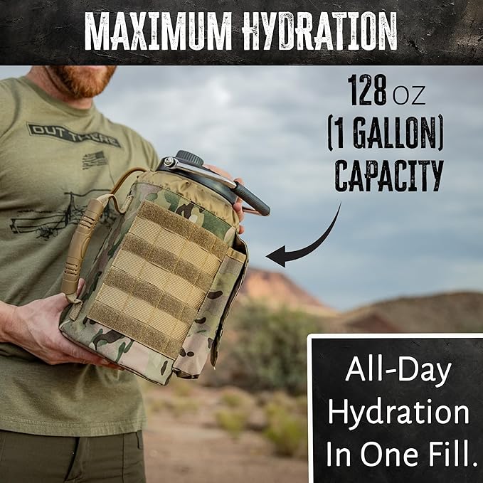 Iron Infidel Battle Bottle - One Gallon Insulated Water Bottle with Dual Carry Handles - 128 oz Tactical Stainless Steel Water Jug & Rugged Extra Large Sleeve With Storage (OCP Camo 128 Ounces)