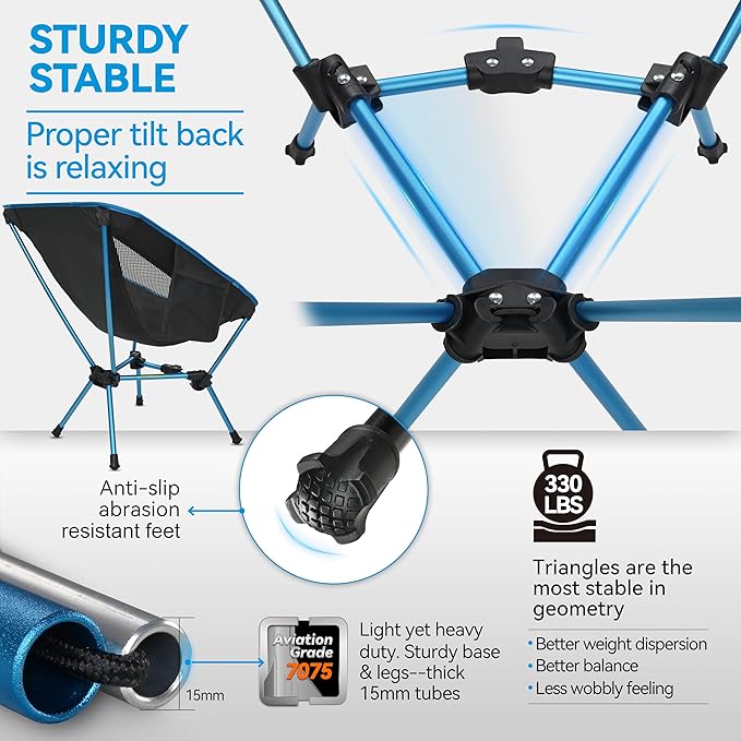 MARCHWAY Lightweight Folding Camping Chair, Portable Foldable Compact for Outdoor Camp, Travel, Beach, Picnic, Festival, Hiking, Backpacking, Supports 330Lbs (Blue)