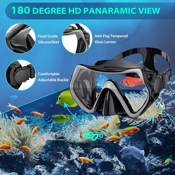 Snorkeling Gear for Adults, Mask Fin Snorkel Set, Dry Top Snorkel, Snorkeling Kit Travel Diving Package, Panoramic View Anti-Fog Anti-Leak Adjustable Swim Fins