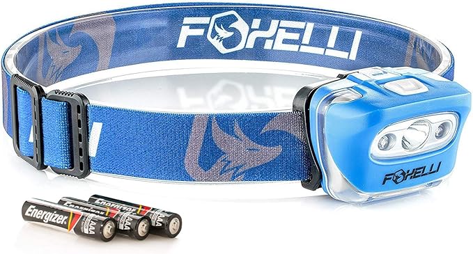 Foxelli LED Headlamp Flashlight for Adults & Kids, Running, Camping, Hiking Head Lamp with White & Red Light, Comfortable Headband, Lightweight & Waterproof, 3 AAA Batteries