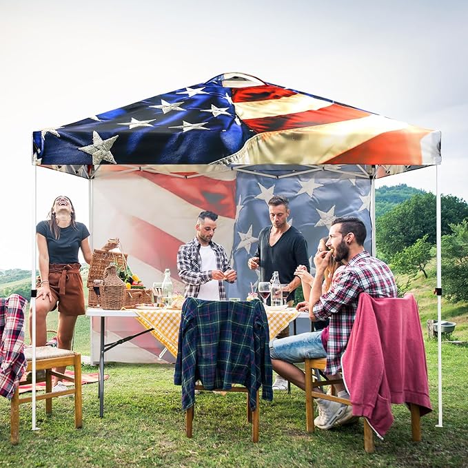 EAGLE PEAK Pop Up Canopy Tent with 1 Sidewall, Easy Setup Event Tent, Outdoor Sun Shade, Wheeled Carry Bag, Stakes and Guy Ropes, Instant Canopy 10x10, Stars and Stripes