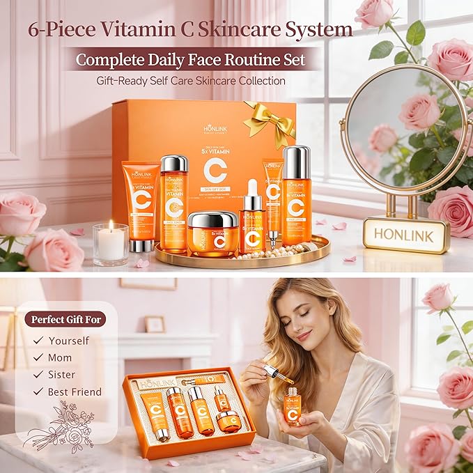 6-Piece Hydrating Skincare Set with Vitamin C & Niacinamide, Face Care Kit Includes Toner, Serum, Cleanser, Moisturizer, Eye Cream & Body Lotion for Daily Skin Care & Self Care