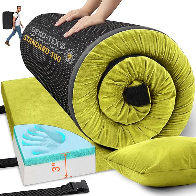 Memory Foam Camping Mattress Sleeping Pad, 3" Thick Waterproof Portable Roll Up Sleeping Mats & Floor Mattress Pad with Pillow + Travel Bag for Camping Car Truck SUV Tent Sleepover Kids Adult