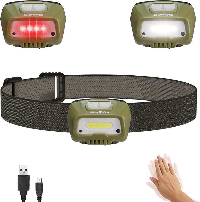 EverBrite Rechargeable Headlamp, LED Bright Motion Sensor Head Lamp Flashlight with 6 Modes, Adjustable Headlight for Adults with White Red Light, Water Resistant, Green, for Hiking, Running, Camping