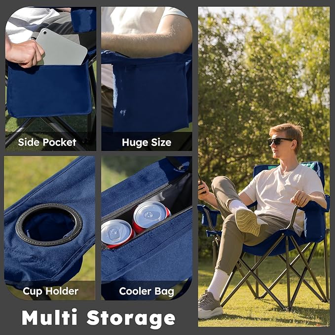 Colegence Heavy Duty Camping Chair for Adults Set of 2, Oversized Heavy People Foldable Padding Outside Camp Chairs, with Cooler Bag Cup Holder, Side Pocket for Lawn,Sport,Outdoor,Dark Blue