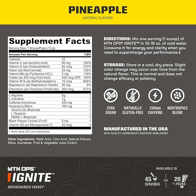 MTN OPS Ignite Trail Packs Energy Drink Powder, Gluten Free Nootropic Supplement Drink Mix, L Arginine, L Citrulline, Caffeine & Nootropic Sugar Free Drink Mix, 20 Servings, Pineapple Crush