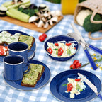 Nuogo 12 Pcs Enamel Camping Tableware Set Dinnerware Kit Includes 12 oz Coffee Mugs Camping Plates Bowls and Utensils Set with Knife Fork Spoon for 2 People Hiking Picnic Outdoor
