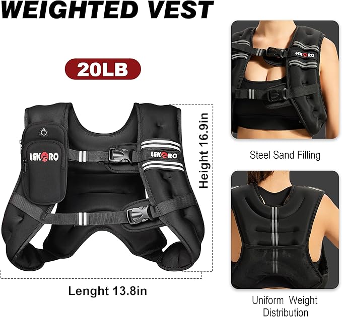 Weighted Vest, 6lbs/8lbs/12lbs/16lbs/20lbs/25lbs/30lbs Weights Vest for Women Men with Reflective Stripe for Workout, Strength Training, Running, Walking