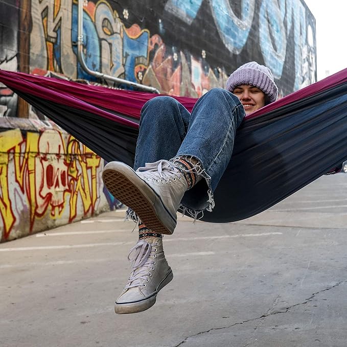 Grand Trunk Double Deluxe Parachute Nylon Hammock - 500lb Capacity Camping Hammock, 10.5x6.5ft, Lightweight & Durable (Navy/Light Blue)