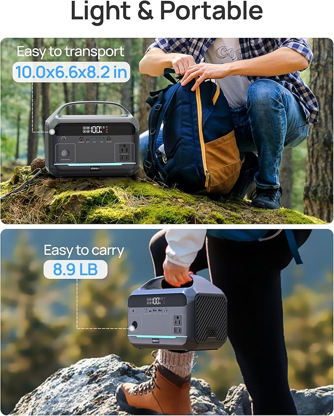 Portable Power Station 600W (1200W Peak), 288Wh (90,000mAh) LFP Battery Solar Generator, 2hrs Fast Charging, 8.7LB Power Bank with AC Outlets for Outdoor Camping, RV & Home Emergency (Solar Optional)