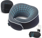 Orthopedic Neck Pillow Travel Neck Pillows for Airplanes, Memory Foam Kit, Updated Resting Material, Airplane Travel Set with 3D Contoured Eye Masks, Earplugs, and Luxury Mesh Bag (Blue)