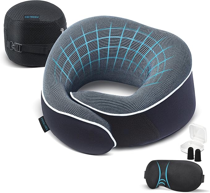 Orthopedic Neck Pillow Travel Neck Pillows for Airplanes, Memory Foam Kit, Updated Resting Material, Airplane Travel Set with 3D Contoured Eye Masks, Earplugs, and Luxury Mesh Bag (Blue)