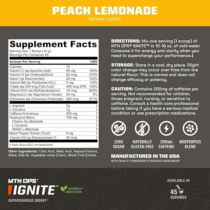 MTN OPS Ignite Energy Drink Powder, Naturally Gluten Free & Sweetened with Monk Fruit, Nitric Oxide Supplement Drink Mix, Caffeine & Nootropic Sugar Free Drink Mix, 45 Servings, Peach Lemonade
