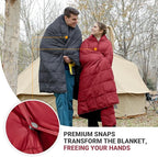 KingCamp Ultralight Camping Blanket, Packable Down Alternative Puffy Wearable Blankets Weatherproof Warm Package Quilt with Snap Buttons for Outdoor Hiking Travel, Picnic Stadium, (69" x 53" Crimson)
