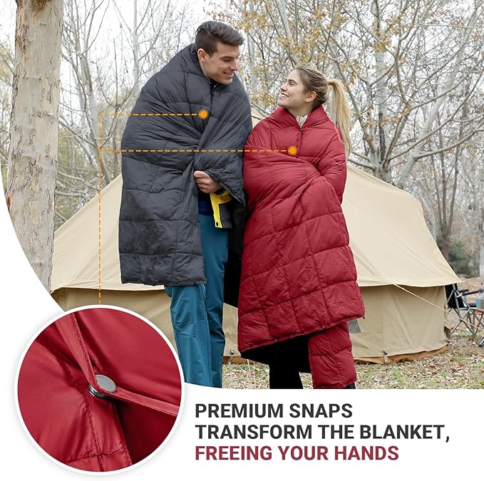 KingCamp Ultralight Camping Blanket, Packable Down Alternative Puffy Wearable Blankets Weatherproof Warm Package Quilt with Snap Buttons for Outdoor Hiking Travel, Picnic Stadium, (69" x 53" Crimson)