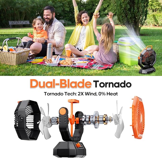 AJVV Camping Fan Rechargeable, Battery Powered Fan With Remote Controller, LED Light, Dual Motors, Stepless Speed, 45°/90°/270° Swing,Timer, Portable fan For Travel Tent Bedroom Beach Fishing, Orange