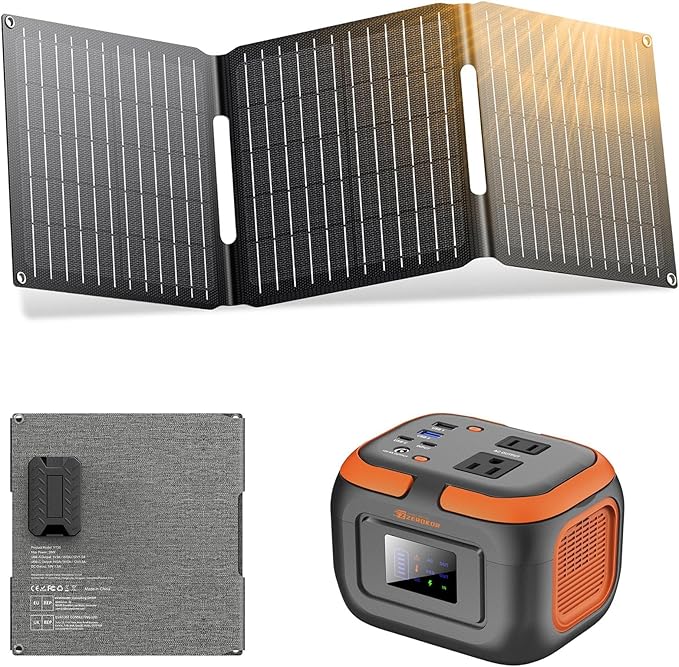 Portable Power Station with Foldable Solar Panel 30W, Portable Power Bank with AC Outlet 110V 120W, USB-C for Smart Devices Camping RV Travel VanLife Hiking Fishing-Orange
