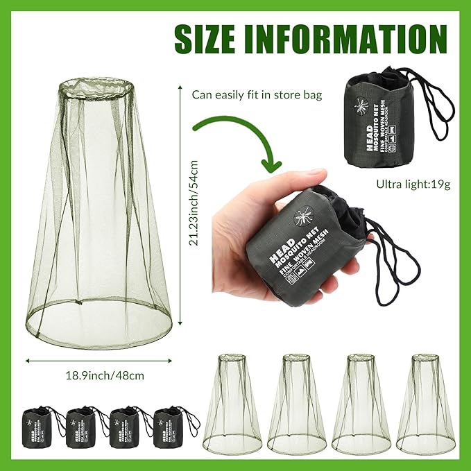HESTYA 4 Pack Mosquito Bug Net Mesh for Head Mosquito Head Net Face Neck Fly Netting Hood from Insect Bugs Gnats for Outdoor