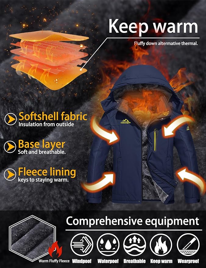 TACVASEN Men's Winter Ski Jacket Waterproof Snow Coats Snowboard Fleece Lining Jacket Warm Parka with Hooded