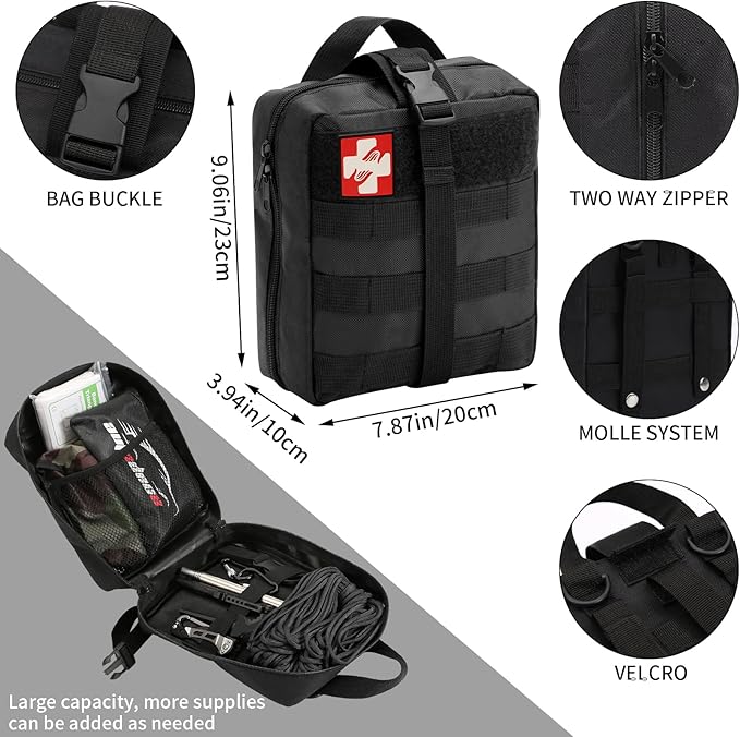 Emergency Survival Kit and First Aid Kit, Camping First Aid Survival Kit with Molle Pouch for Preparedness Outdoor Adventure, Black