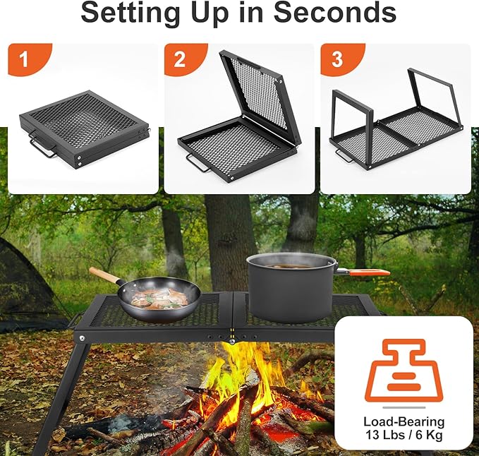 Odoland Folding Campfire Grill, Heavy Duty Steel Mesh Grate with Folding Legs and Storage Bag, Portable Camping Grates, Over Fire Pit Grill Rack for Outdoor Cooking and Bonfire