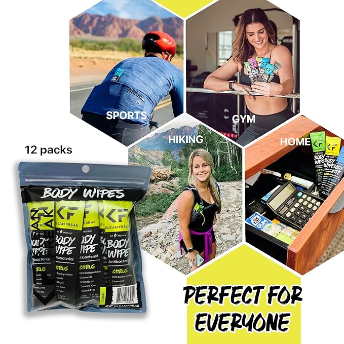 Body Cleansing Wipes - Original Biodegradable Natural Disposable Wipes, Individually Wrapped for the Gym, Workout, Hiking, Travel, and Sport, Citrus 12-Count…