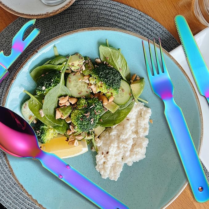 Camping Flatware Colorful Fork Spoon Knife Bottle Opener Silverware Outdoor Portable Cutlery Tactical Utensil Set 4 Pieces Foldable Durable Reusable Easy to Clean