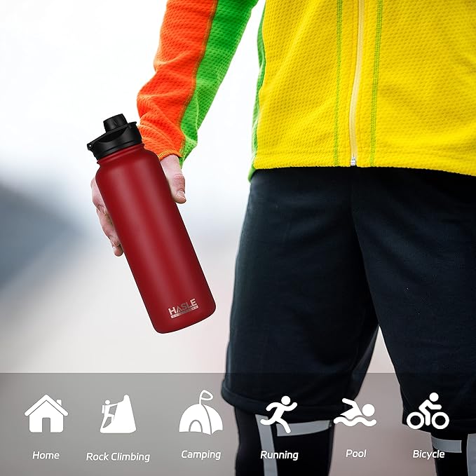 HASLE OUTFITTERS 40oz Stainless Steel Water Bottle, Vacuum Insulated Double Walled Leak Proof Sports Water Bottle with 2 Lids (Straw and Spout Lid) Thermo Mug Keep Cold and Hot(Red,4)