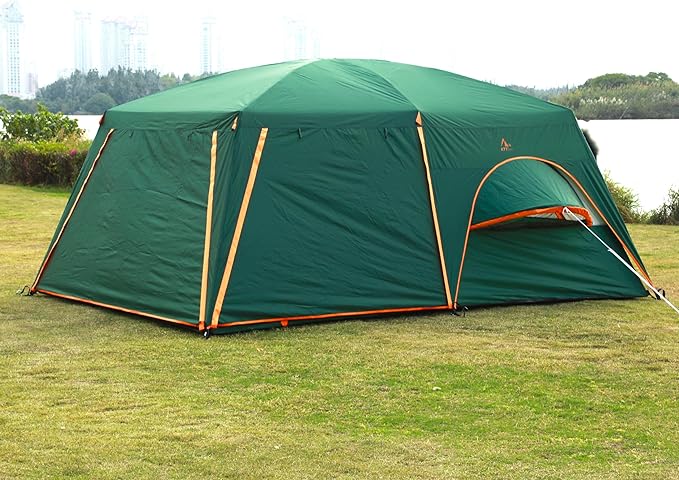 KTT Large Family Cabin Tent 10-12 Person,14.1X10X6.58ft,2 Rooms,3 Storage Pockets,2 Bay-Windows 3 Doors and 3 Windows with Mesh,Straight Wall,Waterproof,Double Layer,Big Tent for Outdoor,Camping