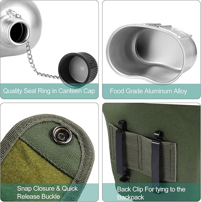 Military Canteen Cookware Set Include 1 QT Military Army Aluminum Alloy Canteen 0.5 QT Multi-Functional Water Bottle with Grab Handled Cup Green Canvas Cover Bag for Outdoor Camping Hiking