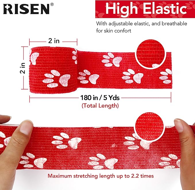 RISEN Cohesive Bandage 2” x 5 Yards, 6 Rolls, Self Adherent Wrap Medical Tape, Adhesive Flexible Breathable First Aid Gauze Ideal for Stretch Athletic