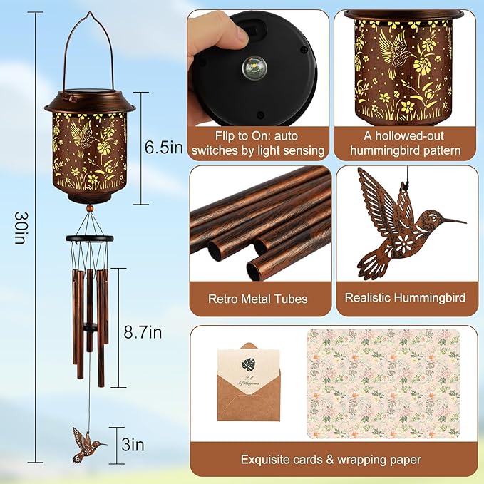 Solar Lanterns with Wind Chimes - Garden Decor Set Includes Greeting Card & Gift Wrap Paper, Patio Yard Birthday Gifts for Women, Solar Lanterns Outdoor Waterproof (Hummingbird)