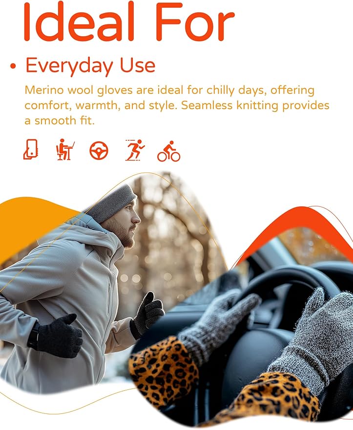 Merino Wool Gloves for Women Men, Touch Screen Warm Glove Liners Thermal Soft Knit Lining for Winter Running Hiking