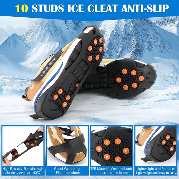 Anti Slip Ice Cleats, Ice Snow Traction Cleats for Walking on Snow and Ice, 10 Steel Studs Crampons, Ice Snow Grips with Extra 20 Replacement Studs for Shoes and Boots