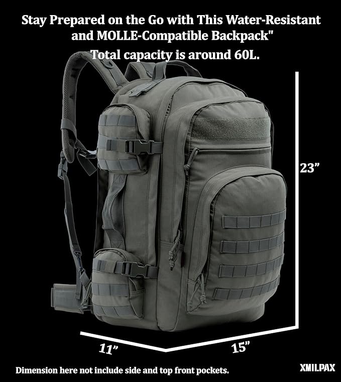 Large Tactical Backpack Bag with Stowable Shoulder Straps for Hiking, Camping, Traveling, Bug-Out 58L