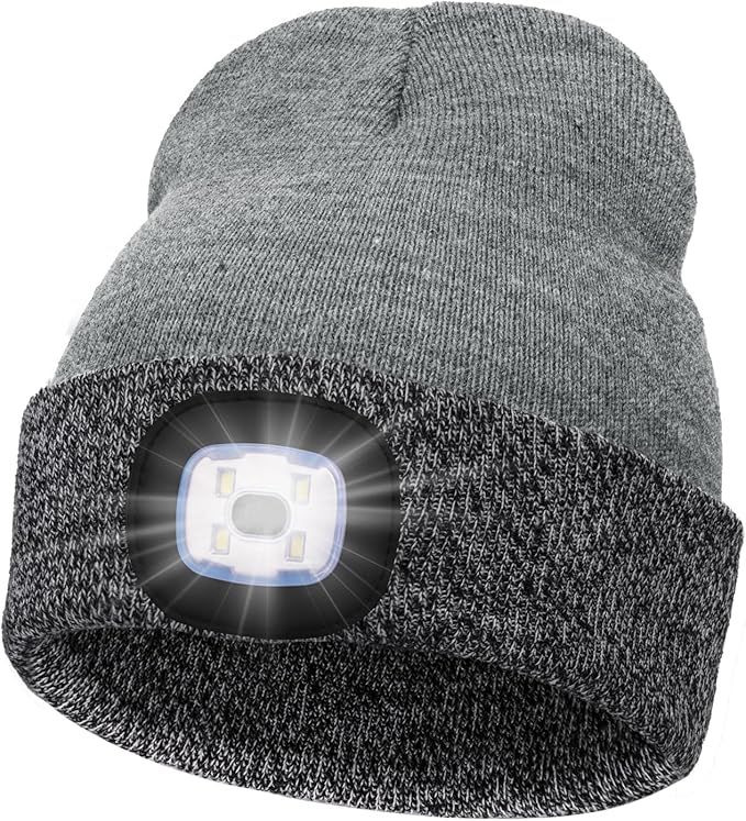 MELASA Unisex Hat with Light, USB Rechargeable Hands Free Headlamp LED Beanie, Winter Gifts for Men Dad Father Husband Him