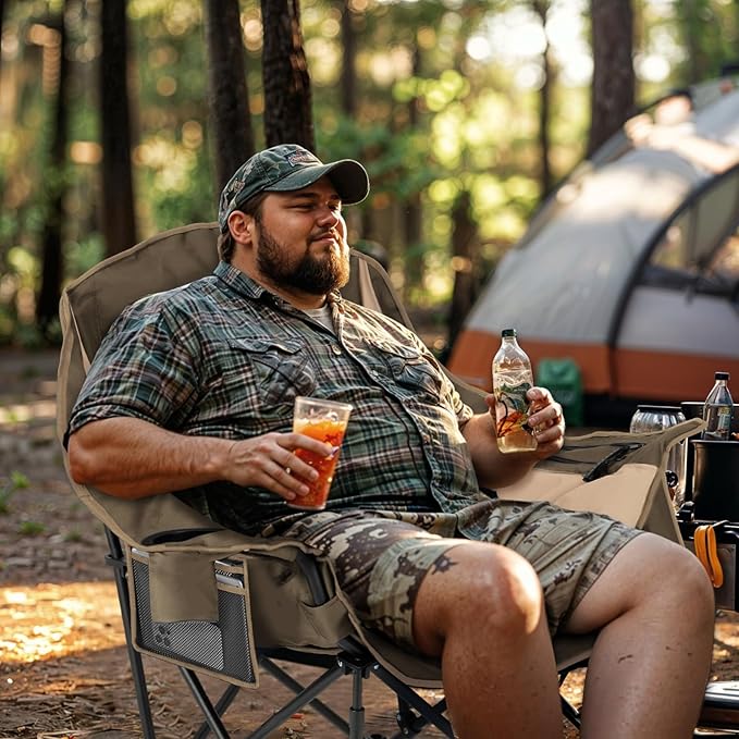 Overmont Oversized XL Camping Chair for Adults - 400lbs Support Heavy-Duty Padded Folding Chair with Side Pocket Cup Holder Cooling Bag for Outdoor Sports Garden Beach Fishing Lawn Khaki